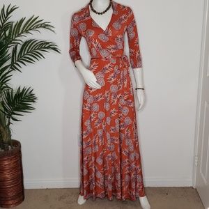 Orange/Blue Pineapple Print Faux Wrap Maxi Dress
